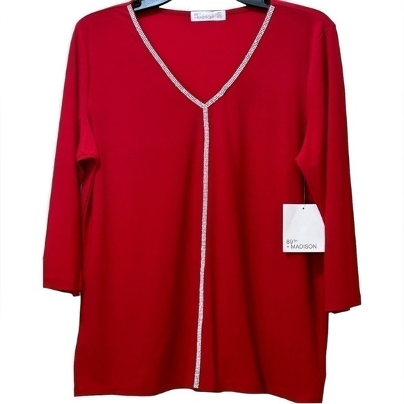 89th+Madison Blouse Women’s Red/Rhinestone V-neck 3/4 Sleeve Size-M NWT - Picture 1 of 8